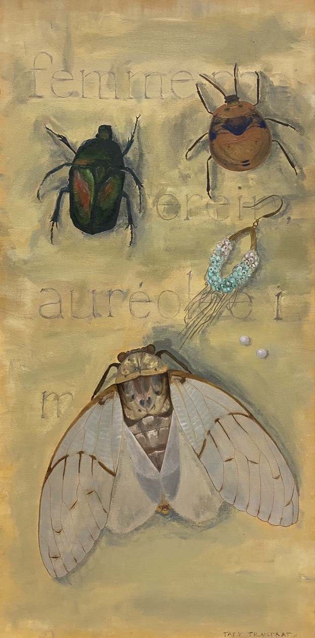 Beetles, a cicada and a jeweled brooch over French text