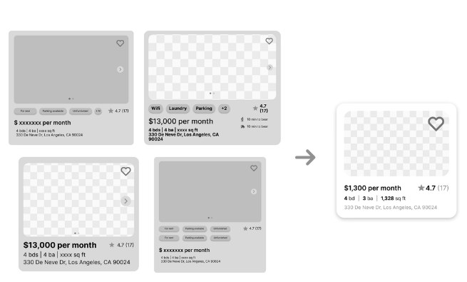 Four early listing card wireframes and the finalized listing card