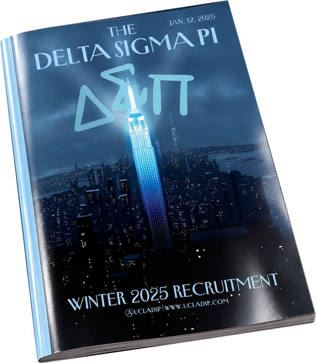 Delta Sigma Pi winter 2025 recruitment magazine cover, blue skyline