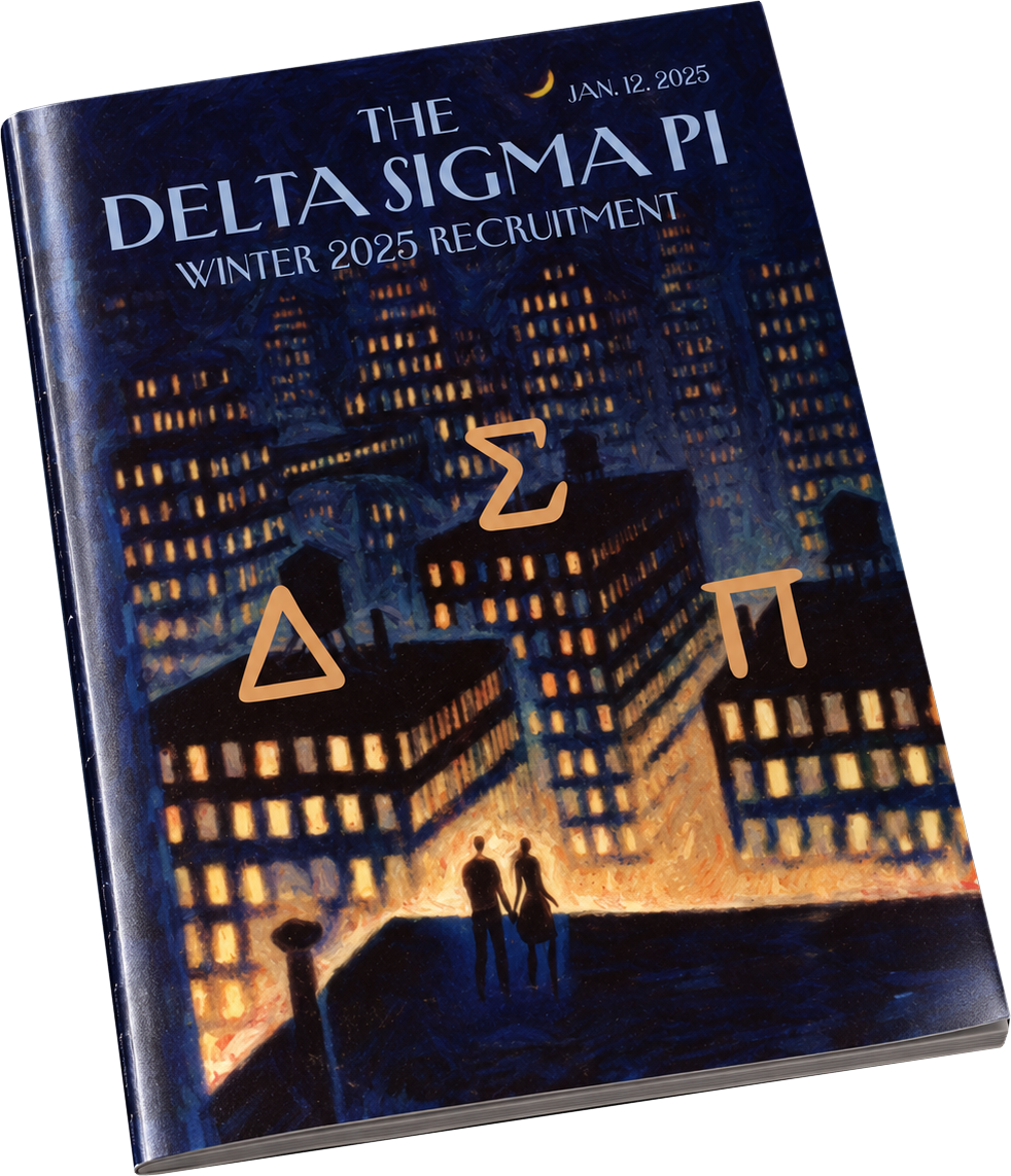 Delta Sigma Pi winter 2025 recruitment magazine cover, painted city at night