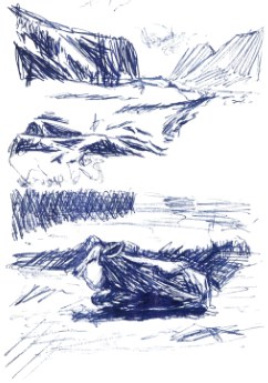Ball-point sketch of rocks and a river