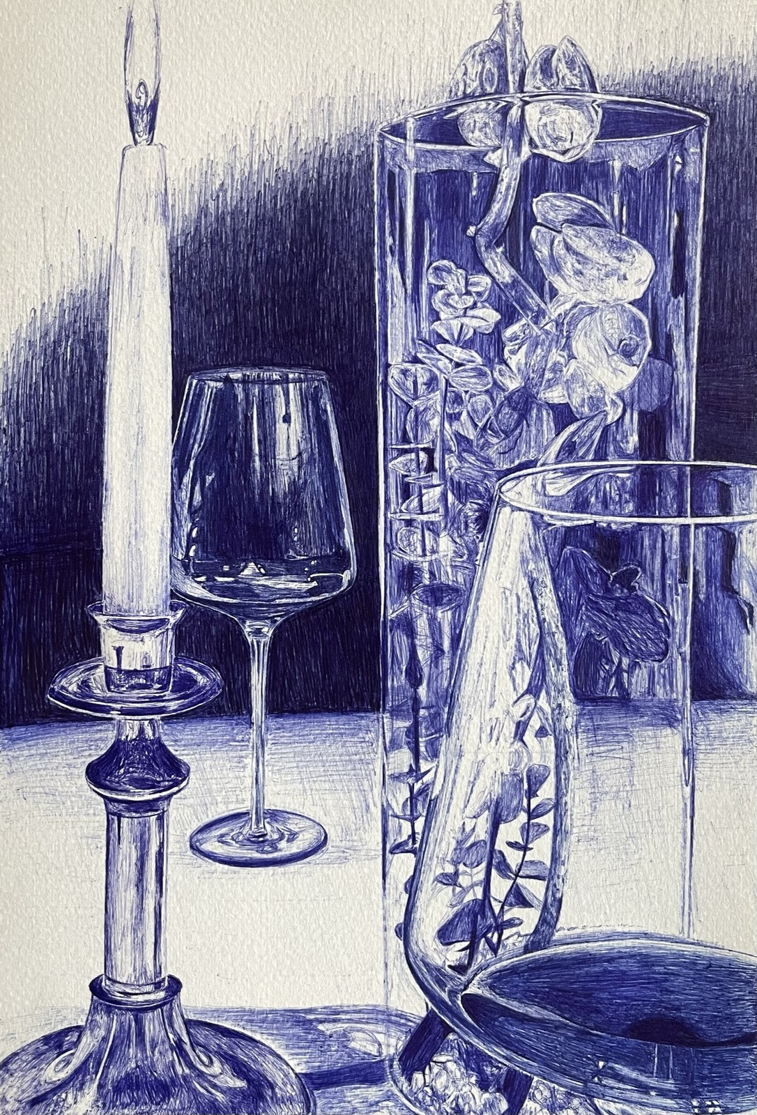 Ball-point still life of a candle, wine glass and vase