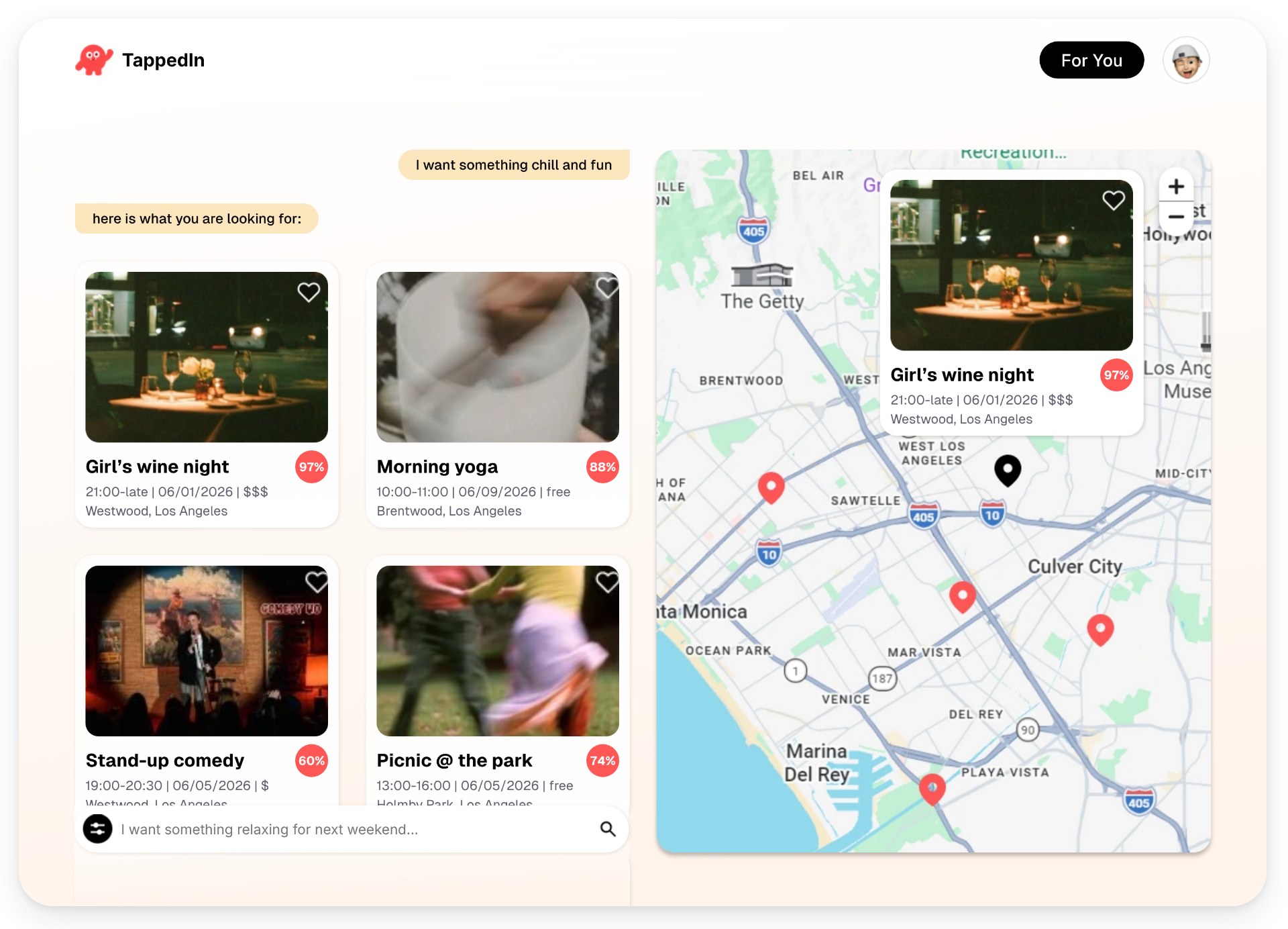 Split screen of event results and a map