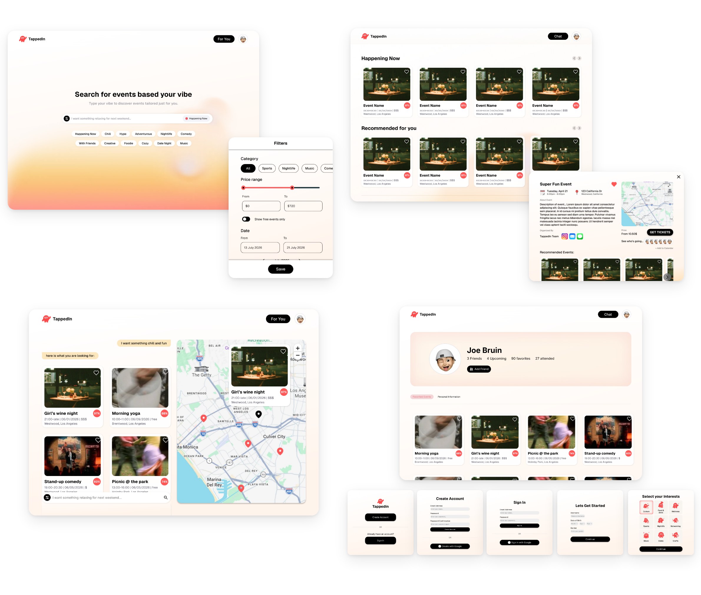 TappedIn screens: AI search, For You page, filters, event detail, map results, profile and sign-in